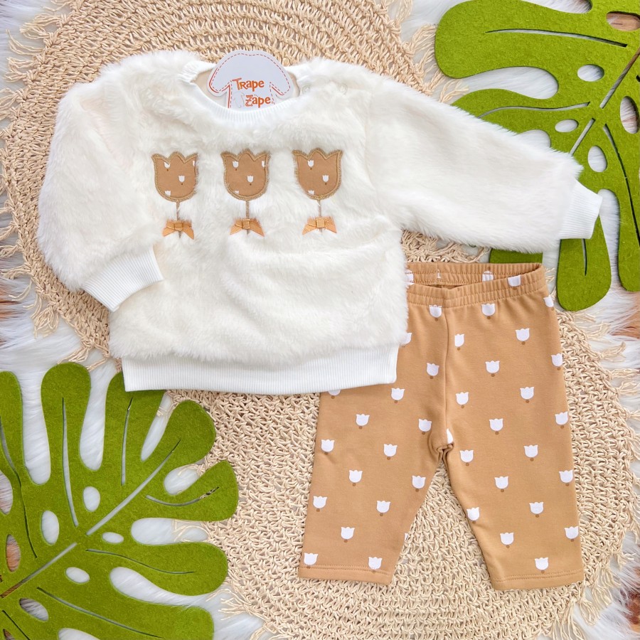 Conj. Casaco de Pelinho Flores e Calça Legging - Caramelo e Off White